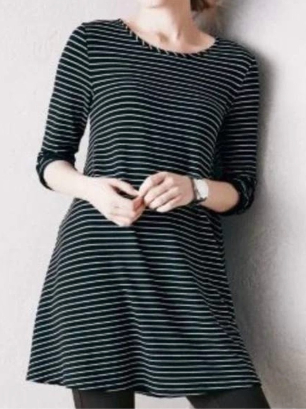 Garnet Hill Black White Striped 3/4 Ruched Sleeve Tunic / Swing Dress. Large.